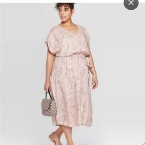 Ava & Viv Faux Wrap Flutter Sleeve Midi Dress Cinch Waist Pink Floral Size 2X
